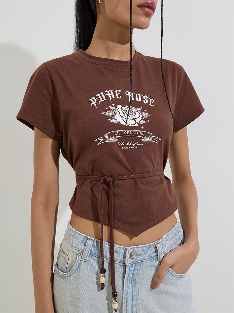 Nuon Brown Text Design Cotton-Blend T-Shirt - Image 2