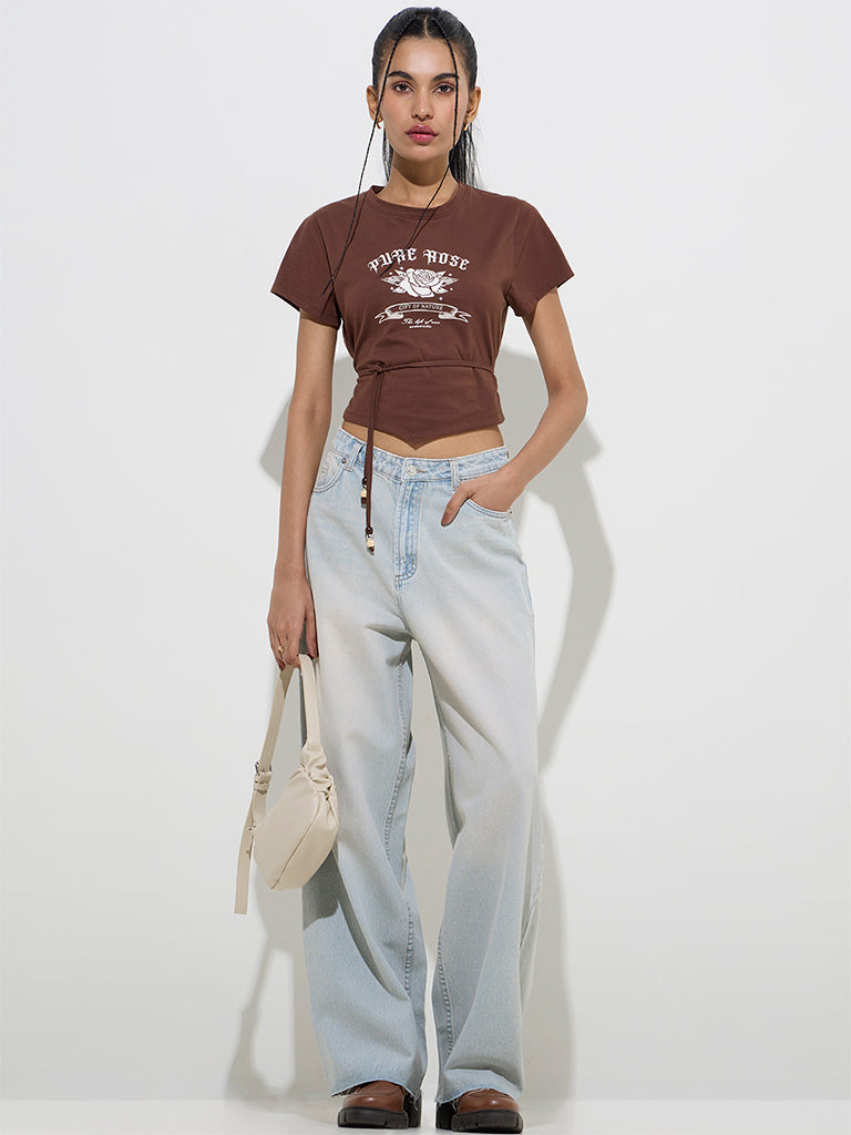 Nuon Brown Text Design Cotton-Blend T-Shirt - Image 3