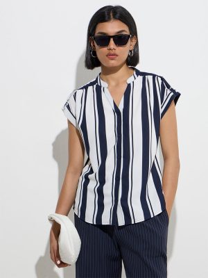 Wardrobe Navy Stripe Printed Shirt