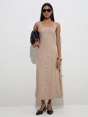 Wardrobe Beige Solid A-Line Dress