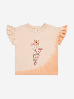 HOP Kids Peach Embellished Cotton Top