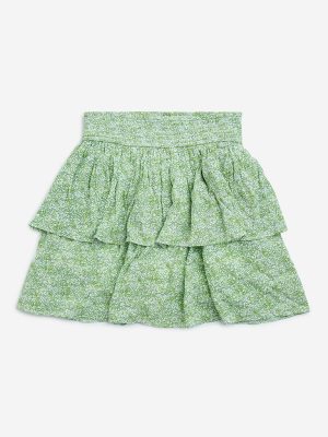 Y&F Kids Green Floral Printed High-Rise Skirt