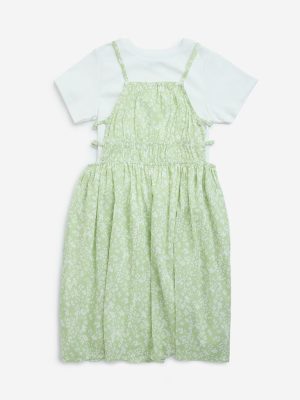 Y&F Kids Green Floral Cotton Dress with T-Shirt Set