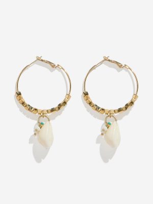 Westside Accessories Gold & White Seashells and Agate Hoop Earrings