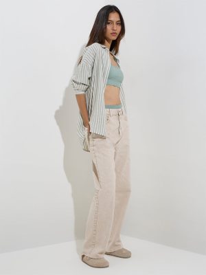 Nuon Beige Faded Relaxed-Fit High-Rise Jeans
