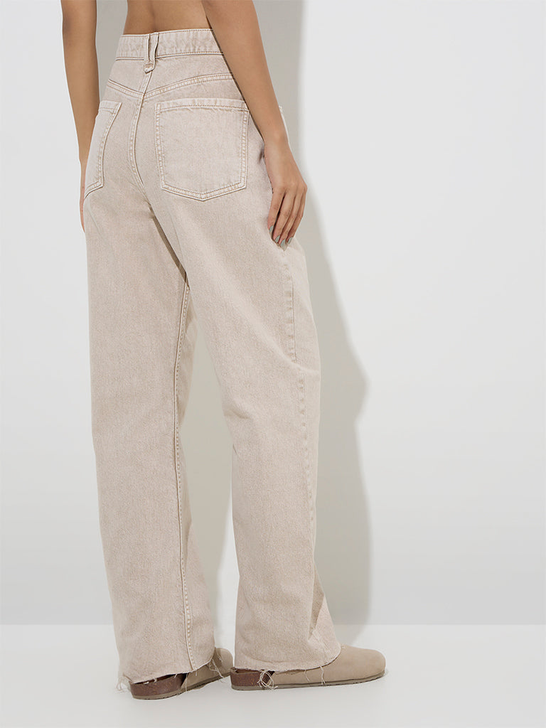 Nuon Beige Faded Relaxed-Fit High-Rise Jeans - Image 4