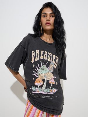 Nuon Dark Grey Printed Cotton T-Shirt