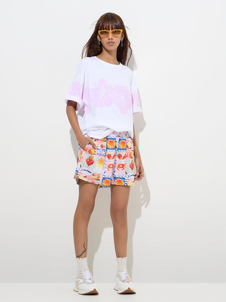 Nuon White Floral Design Oversized Cotton T-Shirt