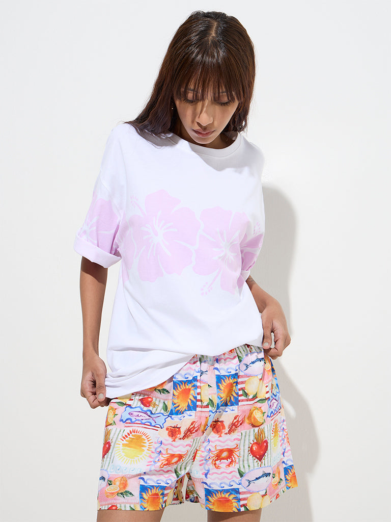 Nuon White Floral Design Oversized Cotton T-Shirt - Image 2