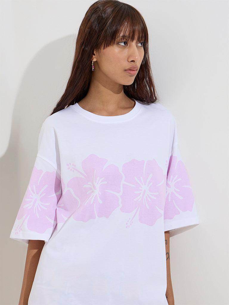 Nuon White Floral Design Oversized Cotton T-Shirt - Image 3