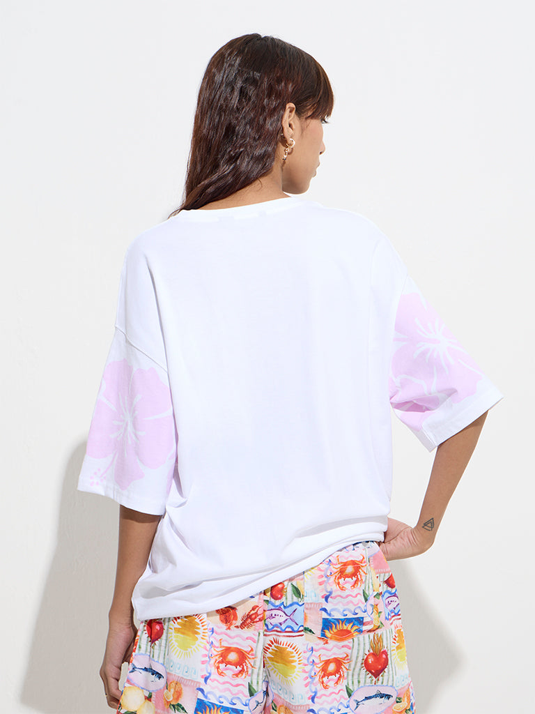 Nuon White Floral Design Oversized Cotton T-Shirt - Image 4