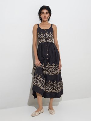 Bombay Paisley Black Embroidered Cotton Tiered Dress