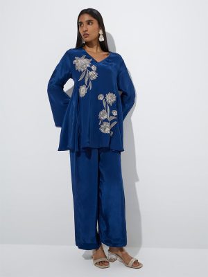 Vark Indigo Floral Embellished Tunic and Ethnic Pants Set