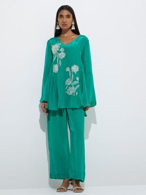 Vark Green Floral Embellished Tunic and Ethnic Pants Set