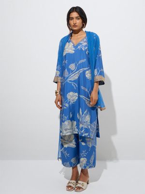 Vark Blue Botanical Straight Kurta. Palazzos and Dupatta Set