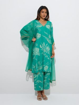 Vark Green Straight Kurta. Palazzos and Dupatta Set