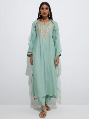 Vark Mint A-Line Kurta. Palazzos and Dupatta Set