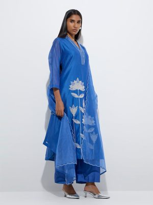 Vark Blue Cotton-Blend A-Line Kurta. Palazzos and Dupatta