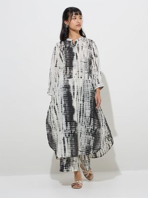 Utsa Black Tie-Dye Printed Cotton A-Line Kurta