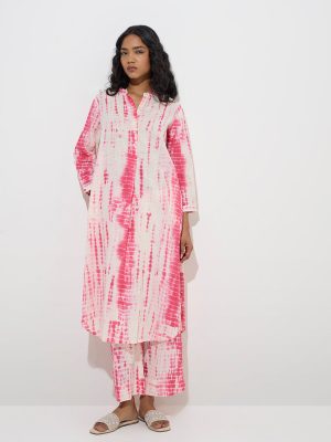 Utsa Pink Tie-Dye Patterned A-Line Cotton Kurta