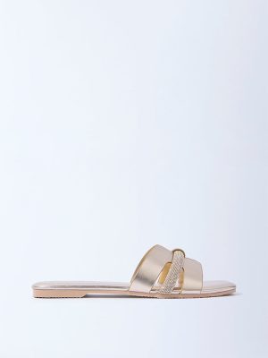 LUNA BLU Dull Gold Embellished Slides