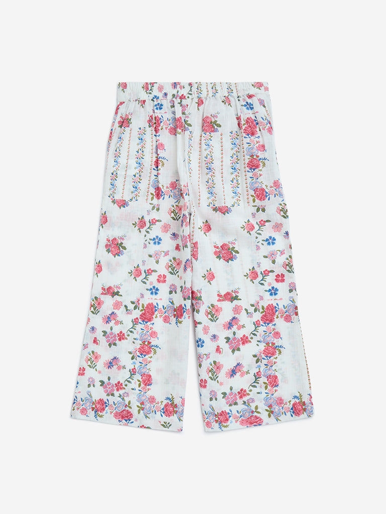 Utsa Kids White Floral Design Cotton Ethnic Pants - (2-8yrs) - Image 2
