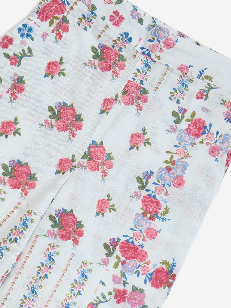 Utsa Kids White Floral Design Cotton Ethnic Pants - (2-8yrs) - Image 3