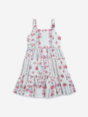 Utsa Kids White Floral Pattern Cotton Tiered Dress - (2-8yrs)