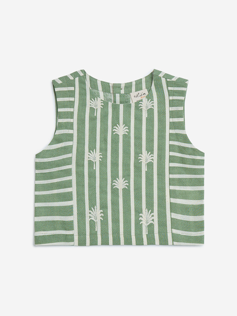 Utsa Kids Green Stripe Printed Cotton-Blend Ethnic Top - (2-8yrs)
