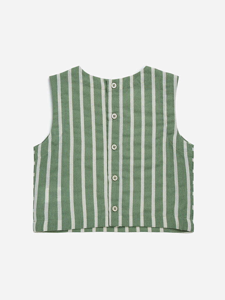 Utsa Kids Green Stripe Printed Cotton-Blend Ethnic Top - (2-8yrs) - Image 2
