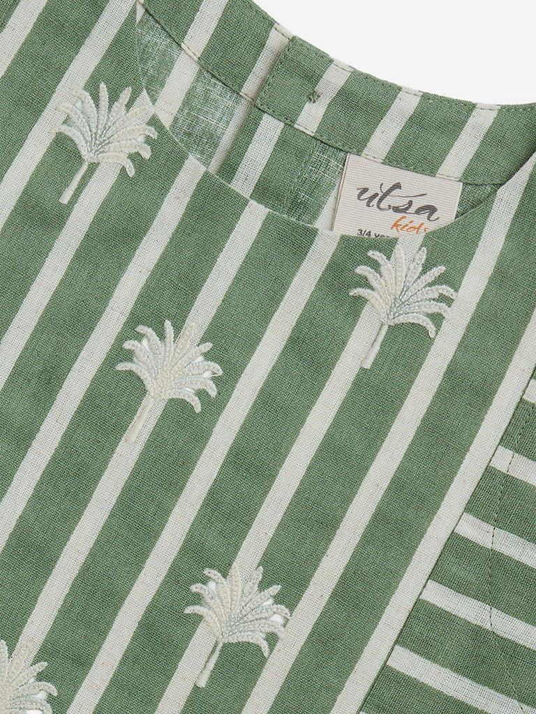 Utsa Kids Green Stripe Printed Cotton-Blend Ethnic Top - (2-8yrs) - Image 3