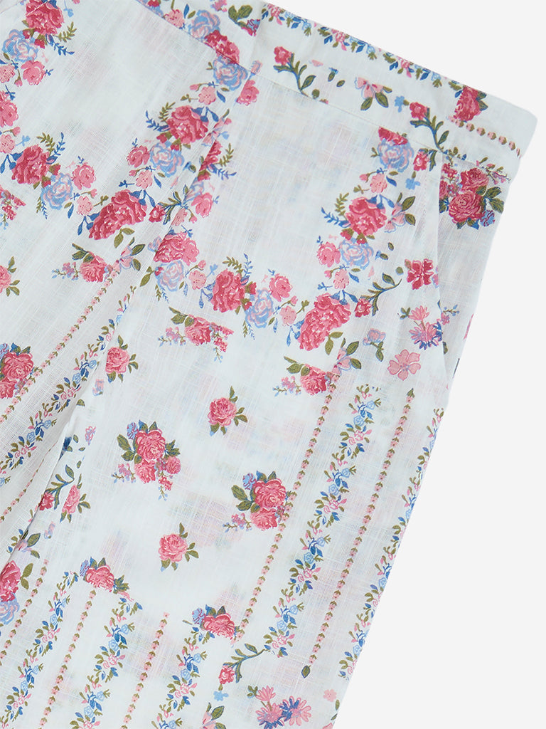 Utsa Kids White Floral Design Cotton Ethnic Pants - (8-14yrs) - Image 3