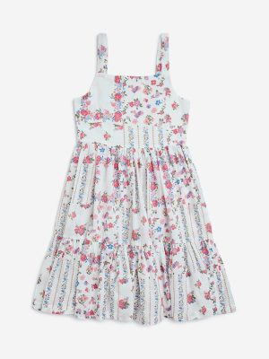 Utsa Kids White Floral Pattern Cotton Tiered Dress - (8-14yrs)