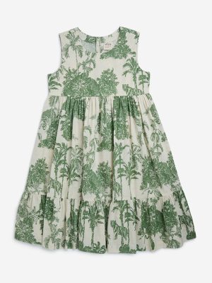 Utsa Kids Green Nature-Inspired Tiered Cotton-Blend Dress - (8-14yrs)