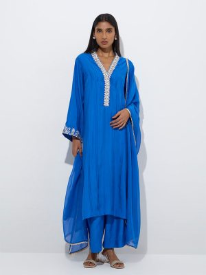 Vark Blue Embroidery A-Line Kurta. Palazzos and Dupatta Set