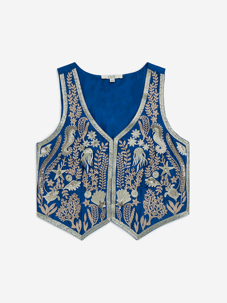 Vark Blue Embroidered Ethnic Vest Top - Image 5