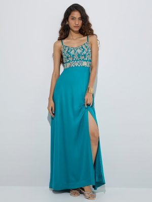 Vark Teal Embellished A-Line Dress