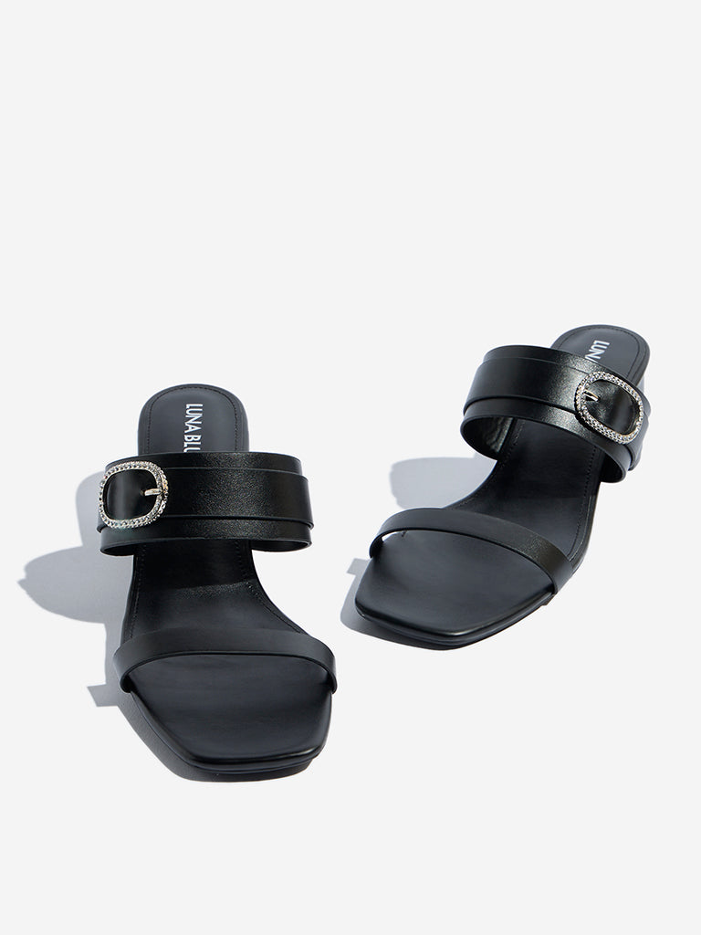 LUNA BLU Black Dual Strap Block Sandals - Image 3