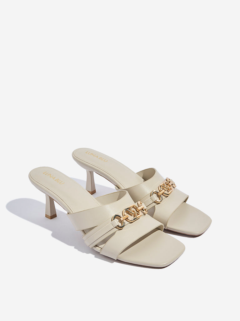 LUNA BLU Ivory Chain-Detailed Heel Sandals - Image 2