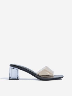 LUNA BLU Black Vinyl Strap Block-Heel Sandals