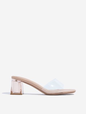 LUNA BLU Beige Vinyl Strap Block-Heel Sandals