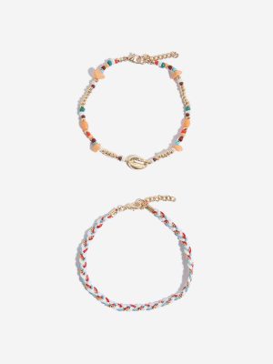 Westside Accessories Multicolour Beaded & Braided Anklet Set - Pack of 2
