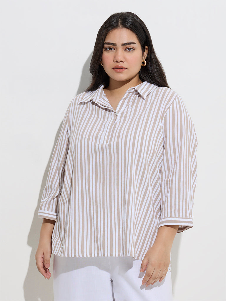 Gia Taupe Stripe Pattern Blouse - Image 2