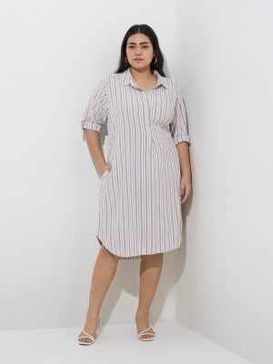 Gia Taupe Stripe Printed Cotton-Blend A-Line Dress