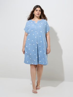 Gia Light Blue Polka Dotted A-Line Denim Dress
