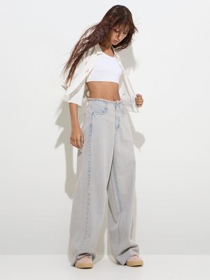 Nuon Light Blue Fringe Relaxed-Fit High-Rise Jeans