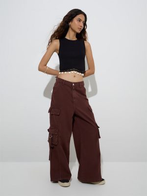 Nuon Brown Cargo-Style Relaxed-Fit Mid-Rise Jeans