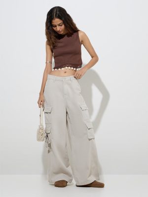 Nuon Beige Cargo-Style Relaxed-Fit Mid-Rise Jeans