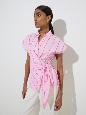 Wardrobe Pink Striped Knot-Detailed Blouse