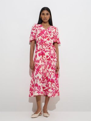 Wardrobe Pink Floral Design A-Line Dress with Belt